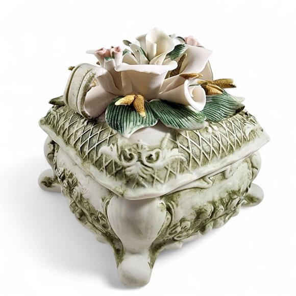 Casa Elite Capodimonte Porcelain Trinket Box Floral Top Vintage Italy Style - Picture 8 of 10